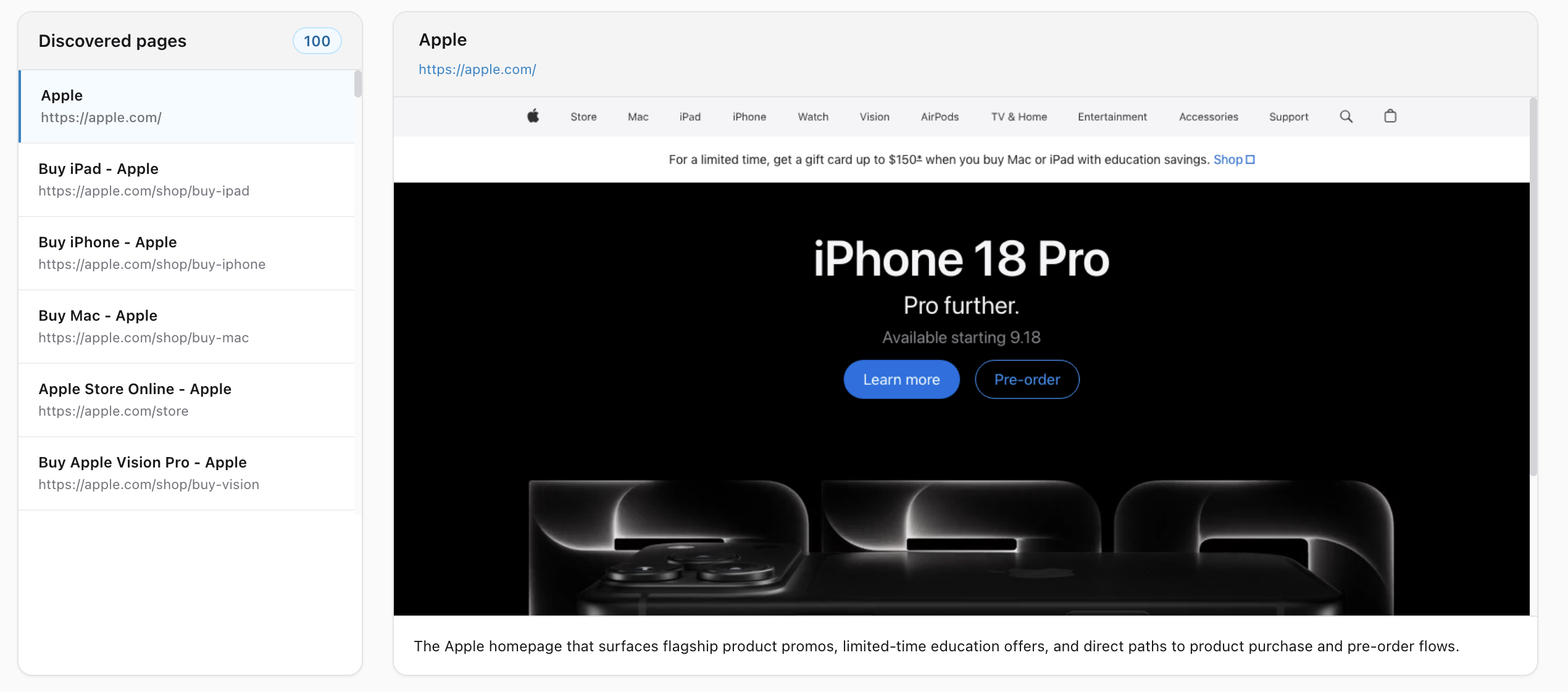 Figgi Screen Explorer showing Apple.com crawl hierarchy and live preview